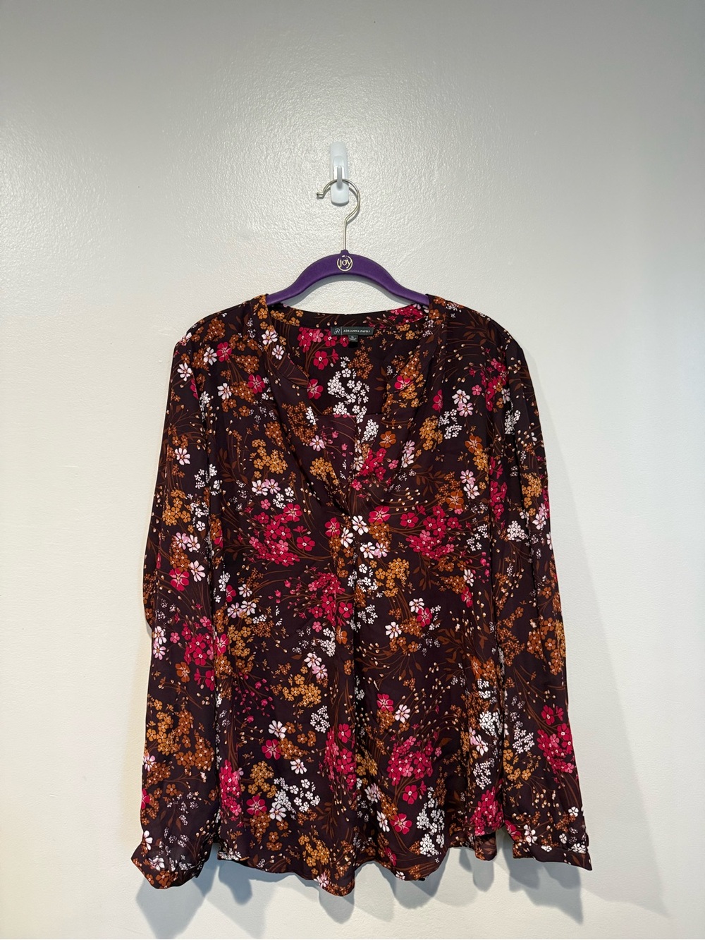 Adrianna Papell Deep Purple Floral Blouse XL Long Sleeve - Picture 2 of 5